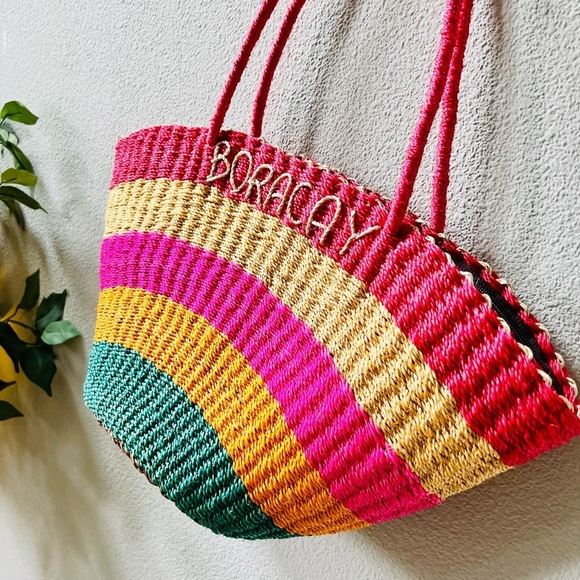 Unbranded Handbags - Bright Colorful Striped BORACAY Straw Zip Closure Boho Medium Tote Shoulder Bag